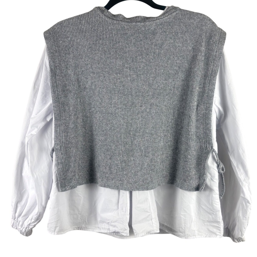 Maeve Anthropologie Twofer Ribbed Sweater Poplin Shirt Layered Top Grey White M - Picture 7 of 9